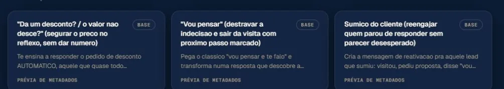 Tela real com três comandos Base para responder objeções de clientes